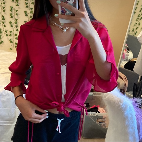 Red Cardigan Ruffled Sleeve - Picture 4 of 10